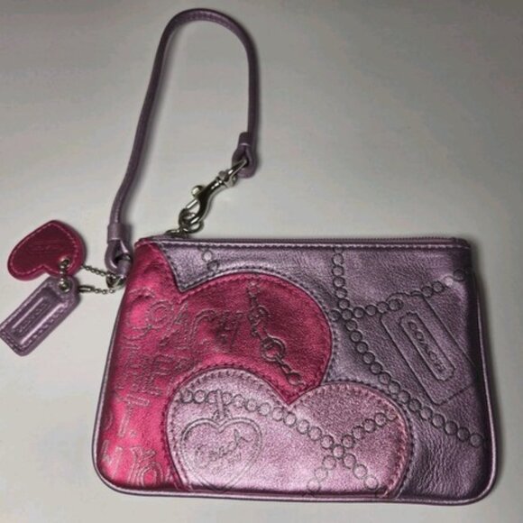 Coach Valentine Edition Wristlet Purple/Pink Metallic and Coach Heart & Hang Tag - Picture 1 of 5